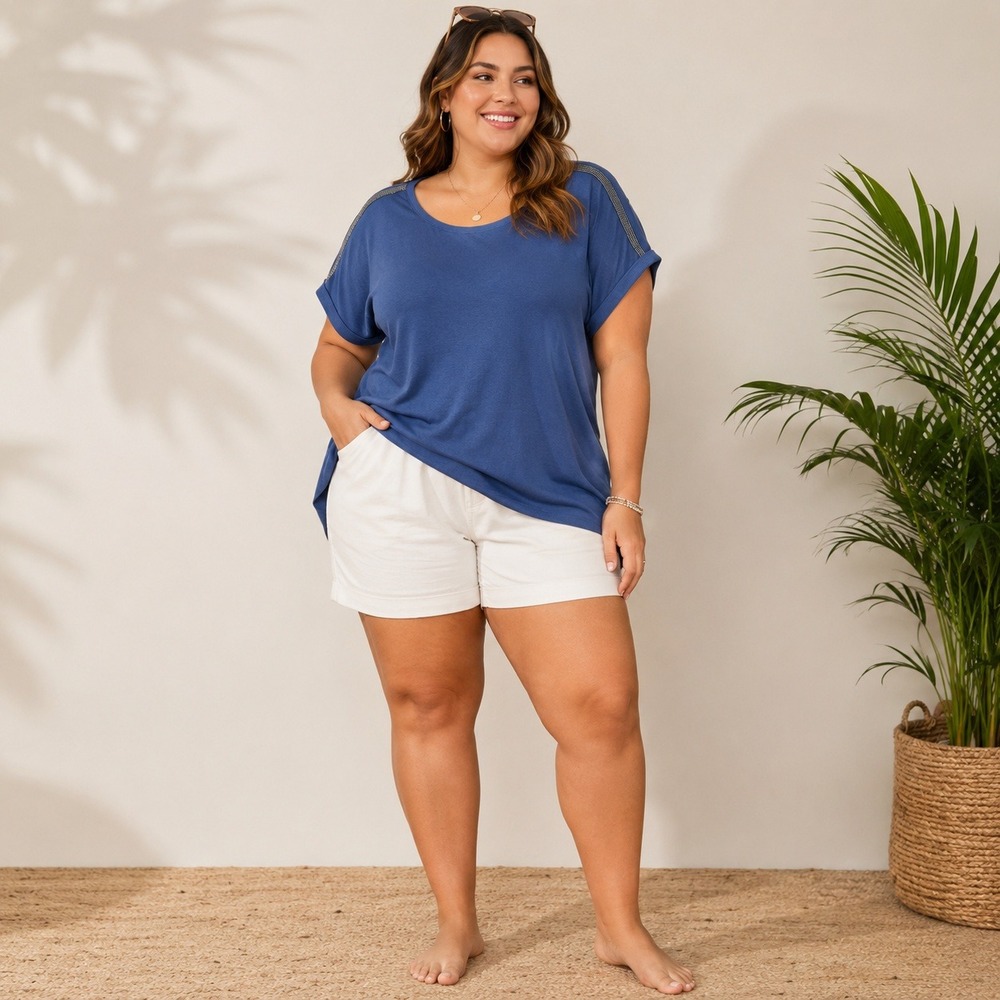 Chicos Blue Pima Cotton Beaded Shoulder Short Sleeve Tee Shirt‎ XXL 4 Scoop Neck